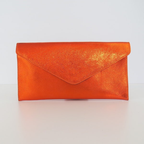 Genuine Leather Evening Envelope Metallic Orange Clutch Crossbody Shoulder Handbag Bridesmaid Gift Versatile Elegant Wristlet & Chain Strap