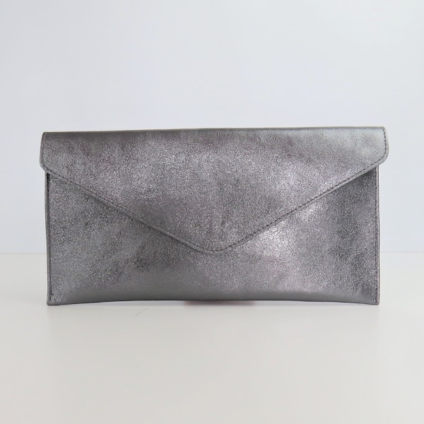 Genuine Leather Evening Envelope Metallic Gunmetal Dark Pewter Silver Clutch Crossbody Handbag Bridesmaid Gift Wristlet & Chain Strap