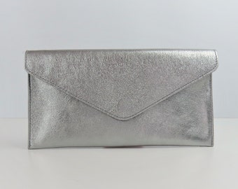 Genuine Leather Evening Envelope Metallic Pewter Dark Silver Clutch Crossbody Shoulder Handbag Bridesmaid Gift Wristlet & Chain Strap