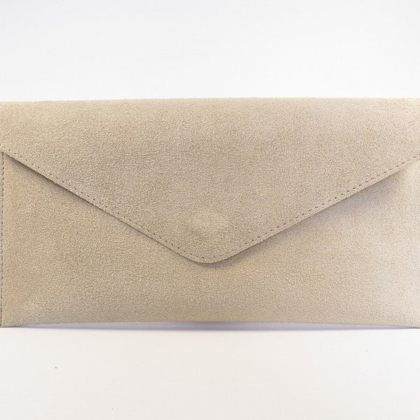 Genuine Suede Leather Evening Envelope Beige Clutch Crossbody Shoulder Bag Bridesmaid Gift Versatile  Elegant Wristlet and Chain Strap