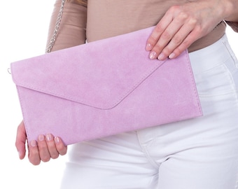Genuine Suede Leather Evening Envelope Pink Clutch Crossbody Shoulder Handbags Bridesmaid Gift Versatile Elegant Wristlet Chain Strap