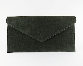 Genuine Suede Leather Evening Envelope Dark Green Clutch Crossbody Shoulder Bag Bridesmaid Gift Versatile  Elegant Wristlet and Chain Strap
