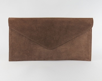 Genuine Suede Leather Evening Envelope Dark Brown Clutch Crossbody Shoulder Handbags Bridesmaid Gift Versatile Wristlet and Chain Strap