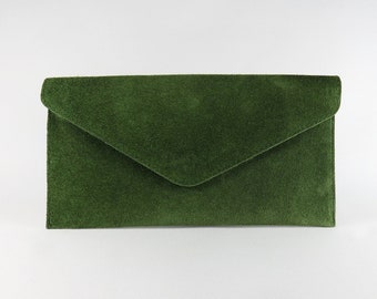 Genuine Suede Leather Evening Envelope Olive Green Clutch Crossbody Shoulder Bag Bridesmaid Gift Versatile  Elegant Wristlet and Chain Strap