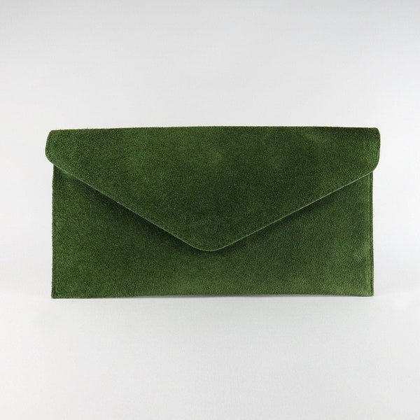 Genuine Suede Leather Evening Envelope Olive Green Clutch Crossbody Shoulder Bag Bridesmaid Gift Versatile  Elegant Wristlet and Chain Strap