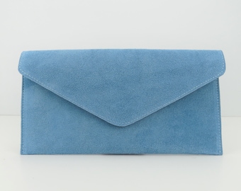 Genuine Suede Cuero Sobre de noche Dusty Blue Clutch Crossbody Shoulder Bag Bridesmaid Gift Versátil Elegante pulsera y correa de cadena