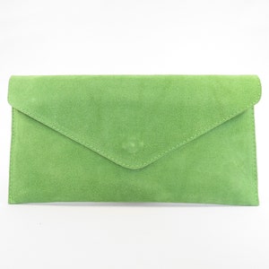 Genuine Suede Leather Evening Envelope Lime Green Clutch Crossbody Shoulder Bag Bridesmaid Gift Versatile  Elegant Wristlet and Chain Strap