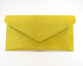Genuine Suede Leather Evening Envelope Yellow Clutch Crossbody Shoulder Bag Bridesmaid Gift Versatile  Elegant Wristlet and Chain Strap