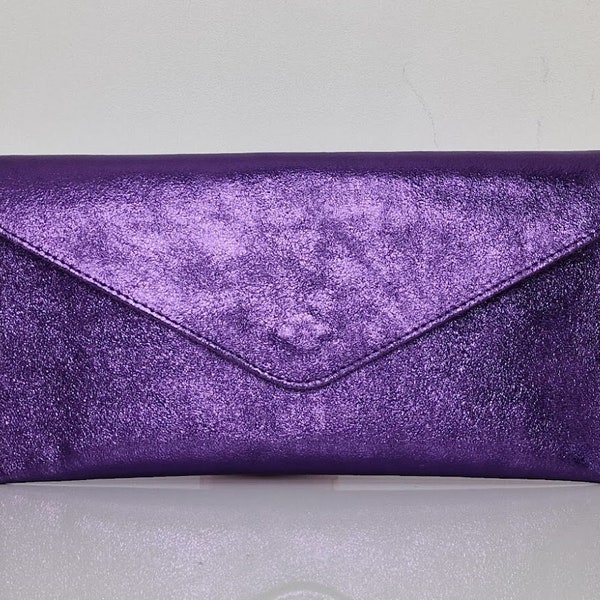 Genuine Leather Evening Envelope Metallic Purple Violet Clutch Crossbody Handbag Bridesmaid Gift Wristlet & Chain Strap