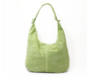 Genuine Suede Leather Lime Green Hobo Shopper Bag Everyday Practical Leather Bag Gift For Her Suede Shoulder Bag Suede Handbag Large Bag