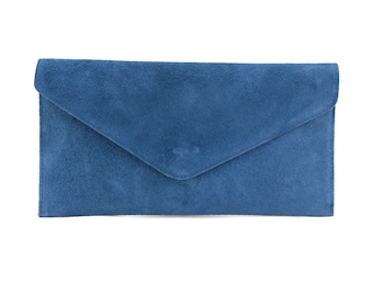 Genuine Suede Leather Evening Envelope Denim Blue Clutch Crossbody Shoulder Bag Bridesmaid Gift Versatile  Elegant Wristlet and Chain Strap