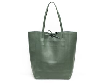 Genuine Leather Shopper Bag Large Leather Tote Bag Pebbled Soft Italian Leather Large Leather Bag Everyday Practical Green Leather Bag