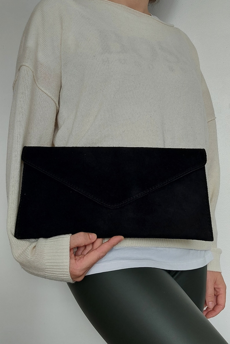 Genuine Suede Leather Evening Envelope Black Clutch Bag Crossbody Shoulder Handbags Bridesmaid Gift Versatile Elegant Wristlet & Chain Strap image 3