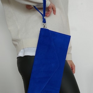Genuine Suede Leather Evening Envelope Royal Blue Clutch Bag Crossbody Shoulder Bag Bridesmaid Gift Bridal Elegant Wristlet & Chain Strap image 7