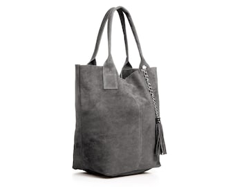 Genuine Suede Leather Everyday Practical Large Hobo Shopper Shoulder Handbag Grey - Gift For Her - Suede Grey Shopper Shoulder Tote Bag