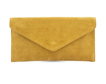Genuine Suede Leather Evening Envelope Mustard Clutch Crossbody Shoulder Bag Bridesmaid Gift Versatile Elegant Wristlet and Chain Strap