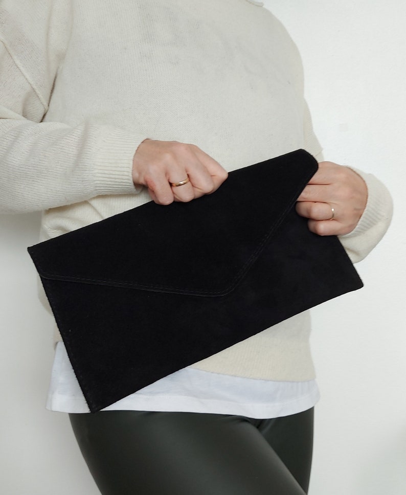 Genuine Suede Leather Evening Envelope Black Clutch Bag Crossbody Shoulder Handbags Bridesmaid Gift Versatile Elegant Wristlet & Chain Strap zdjęcie 4