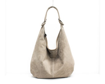 Genuine Suede Leather Taupe Hobo Shopper Bag Everyday Practical Leather Bag Gift For Her Suede Shoulder Bag Suede Handbag Large Bag