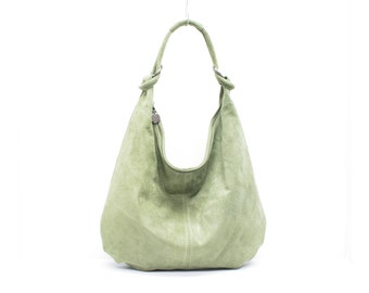 Genuine Suede Leather Sage Green Hobo Shopper Bag Everyday Practical Leather Bag Gift For Her Suede Shoulder Bag Suede Handbag Large Bag