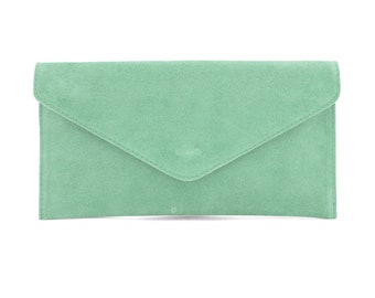 Genuine Suede Leather Evening Envelope Mint Clutch Crossbody Shoulder Bag Bridesmaid Gift Versatile  Elegant Wristlet and Chain Strap