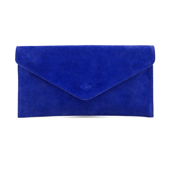 Enveloppe de soirée en cuir daim véritable Sac d’embrayage bleu royal Sac à bandoulière Crossbody Bridesmaid Gift Bridal Elegant Wristlet & Chain Strap