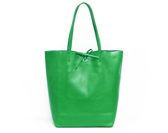 Genuine Leather Shopper Bag Large Leather Tote Bag Pebbled Soft Italian Leather Large Leather Bag Practical Everyday Kelly Green Leather Bag