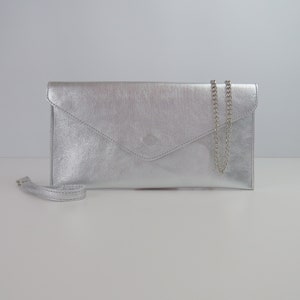 Echt lederen avond envelop metallic zilveren clutch crossbody schouder handtas bruidsmeisje cadeau veelzijdige elegante polsband & ketting riem afbeelding 2