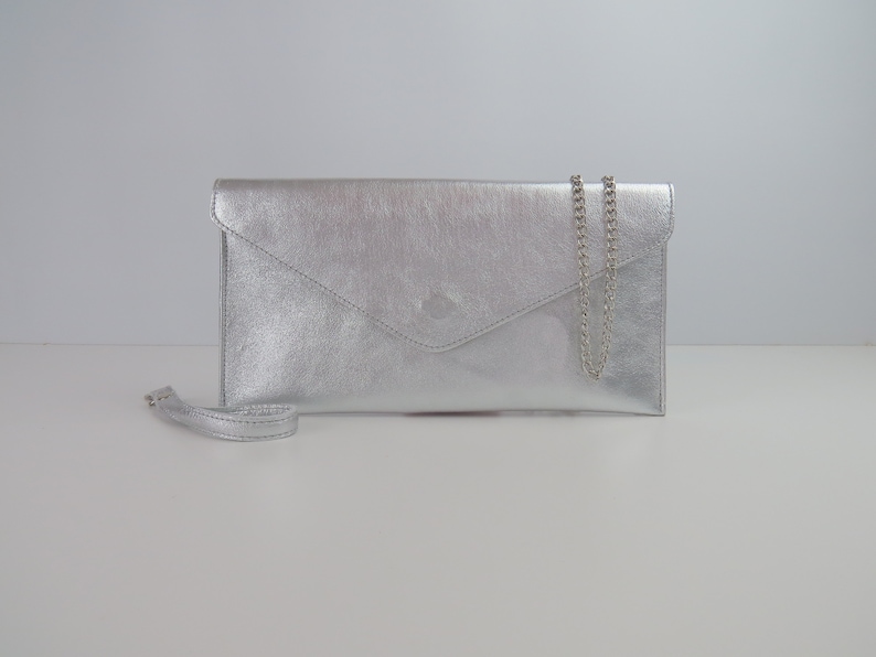 EchtLeder Abend umschlag Metallic Silber Clutch Crossbody Schulter Handtasche Brautjungfern Geschenk vielseitig elegant Armband & Kettengurt Bild 2