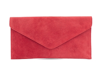 Genuine Suede Leather Evening Envelope Red Clutch Crossbody Shoulder Bag Bridesmaid Gift Versatile Elegant Wristlet & Chain Strap Valentine