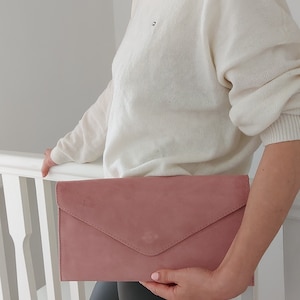 Genuine Suede Leather Evening Envelope Dusty Pink Clutch Crossbody Shoulder Handbags Bridesmaid Gift Versatile Elegant Wristlet Chain Strap image 2