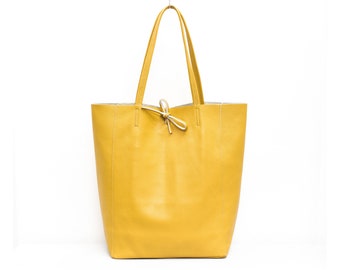 Genuine Leather Shopper Bag Large Leather Tote Bag Pebbled Soft Italian Leather Large Leather Bag Practical Everyday Mustard Leather Bag