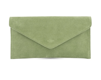 Genuine Suede Leather Evening Envelope Sage Green Clutch Crossbody Shoulder Bag Bridesmaid Gift Versatile  Elegant Wristlet and Chain Strap