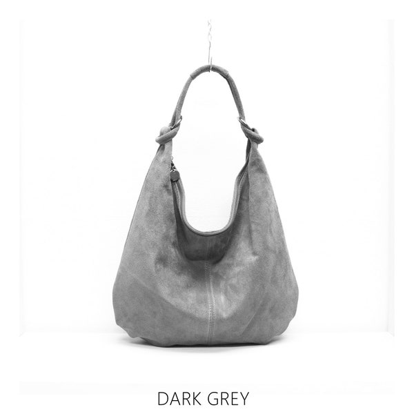 Genuine Suede Leather Dark Grey Hobo Shopper Bag Everyday Practical Leather Bag Gift For Her Suede Shoulder Bag Suede Handbag Large Bag