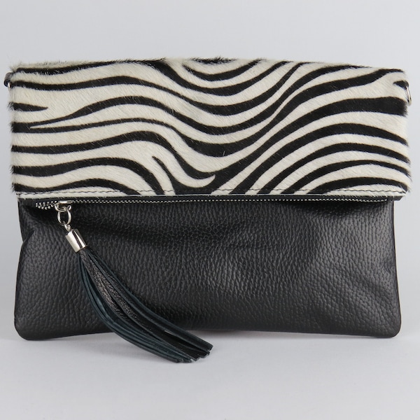 Cuir véritable Zebra Print Foldover Clutch Bag Crossbody Shoulder Handbag Zebra Print Purse Polyvalent Élégant Animal Print Clutch Bag