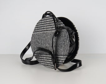 Retro-styled Black White Tweed Patterned Round Crossbody Bag Shoulder Handbag Retro Tweed Purse Drawstring Handbag Chirstmas Gift For Her