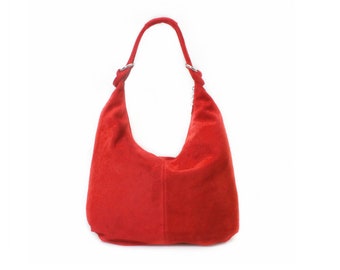 Genuine Suede Leather Red Hobo Shopper Bag Everyday Practical Leather Bag Gift For Her Suede Shoulder Bag Suede Handbag Large Bag