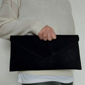 Genuine Suede Leather Evening Envelope Black Clutch Bag Crossbody Shoulder Handbags Bridesmaid Gift Versatile Elegant Wristlet & Chain Strap image 9