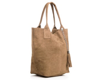 Genuine Suede Leather Everyday Practical Large Hobo Shopper Shoulder Handbag Taupe- Gift For Her - Suede Brown Shopper Shoulder Tote Bag