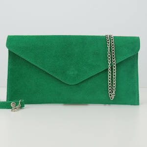 Vera pelle scamosciata busta da sera Kelly verde camoscio pochette borsa a tracolla Bridesmaid Gift Versatile Elegante Wristlet & Chain Strap immagine 2