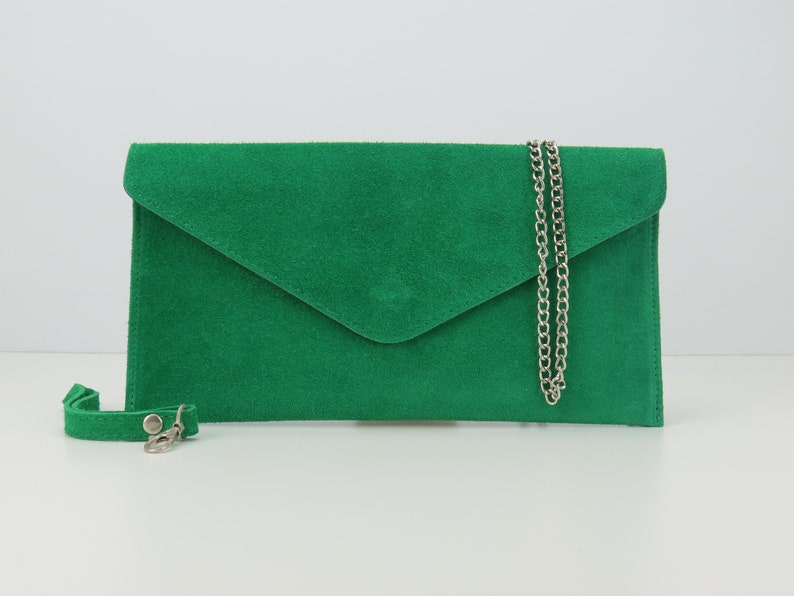 Leder Abend umschlag Kelly Green Wildleder Clutch Bag Crossbody Bag Brautjungfern Geschenk Vielseitig Elegant Armband & Kettengurt Bild 2