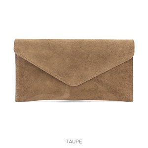 Genuine Suede Leather Evening Envelope Taupe Clutch Crossbody Shoulder Bag Bridesmaid Gift Versatile Elegant Wristlet and Chain Strap image 1