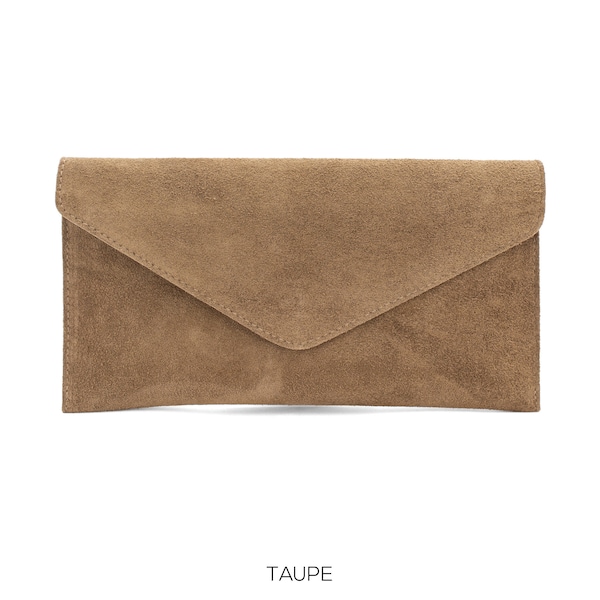 Genuine Suede Leather Evening Envelope Taupe Clutch Crossbody Shoulder Bag Bridesmaid Gift Versatile  Elegant Wristlet and Chain Strap