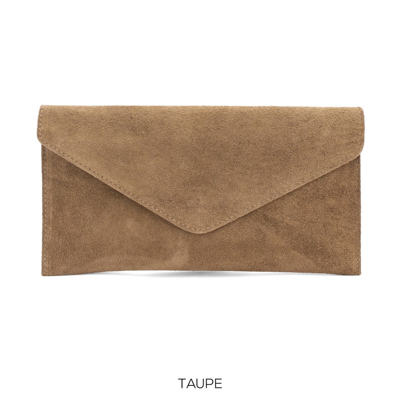 Genuine Suede Leather Evening Envelope Taupe Clutch Crossbody Shoulder Bag Bridesmaid Gift Versatile Elegant Wristlet and Chain Strap image 1