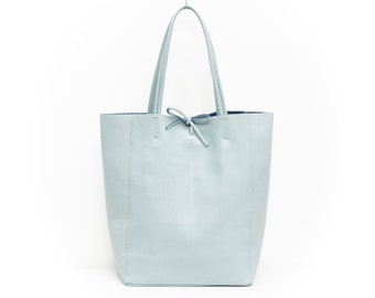 Genuine Leather Shopper Bag Large Leather Tote Bag Pebbled Soft Italian Leather Gift For Her Practical Everyday Pale Blue Leather Bag