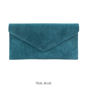 Genuine Suede Leather Evening Envelope Teal Blue Clutch Crossbody Shoulder Cyan Bag Bridesmaid Gift For Her Elegant Wristlet & Chain Strap