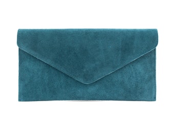 Abendumschlag aus echtem Wildleder, blaugrüne Clutch, Umhängetasche, Cyan-Umhängetasche, Brautjungfern-Geschenk für Sie, elegantes Armband und Kettenriemen