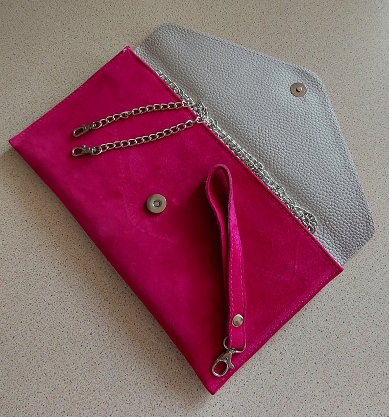 Genuine Italian Suede Leather Evening Envelope Magenta Clutch Shoulder Bag Fuchsia Bridesmaid Gift Versatile Elegant Wristlet & Chain Strap image 6