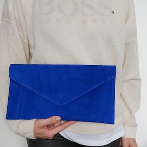 Genuine Suede Leather Evening Envelope Royal Blue Clutch Bag Crossbody Shoulder Bag Bridesmaid Gift Bridal Elegant Wristlet & Chain Strap image 2