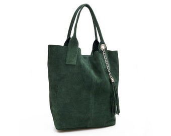 Genuine Suede Leather Everyday Practical Large Hobo Shopper Shoulder Handbag Bottle Green Gift For Her Suede Green Shopper Shoulder Tote Bag