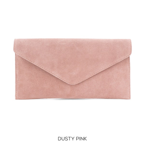 Genuine Suede Leather Evening Envelope Dusty Pink Clutch Crossbody Shoulder Handbags Bridesmaid Gift Versatile Elegant Wristlet Chain Strap